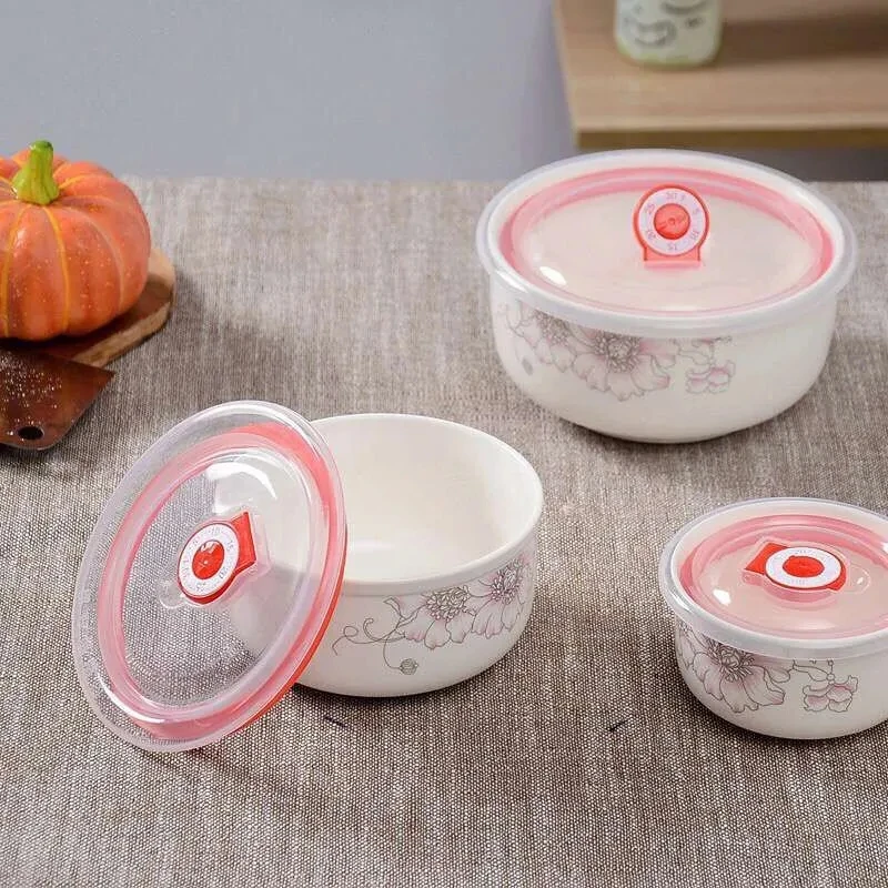 3 Pieces  Ceramic Fresh Bowl Lunch Box Sealed Box Microwave Box Dedicated Flower Shaped Bowl Ceramic Bowl Bowl Noodle Cereal