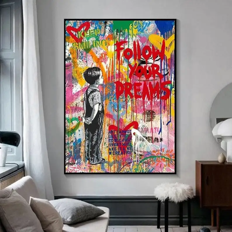 Mr. Brainwash Follow Your Dreams Canvas Oil Painting Graffiti Art 100% Hand Painted NOT PRINT American Style Home Decor