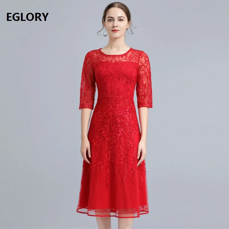 

4XL Dress Vestidos De Fiesta 2021 Spring Summer Brides Mother Woman Lurex Embroidery 3/4 Sleeve Midi Yellow Red Dress 50s 60s