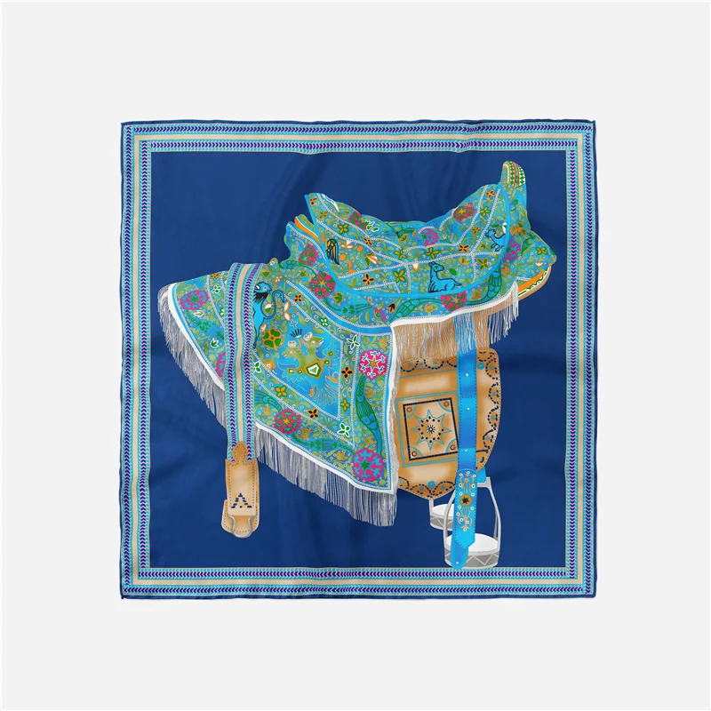 Twill Silk Scarf Woman Saddle Print Square Scarves Wraps Bandana Small Hijab Silk Foulards Lady Tie Headband Neckerchief 53CM