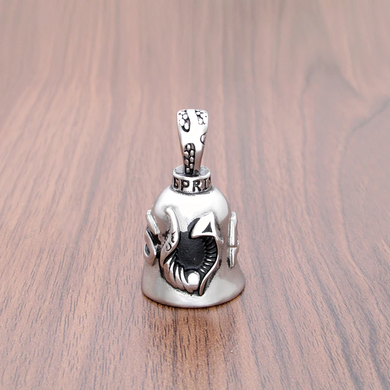 Punk 316L Stainless Steel Silver Color Black Letter Feather Rider Wings Biker Bell Pendant Jewelry For Gift