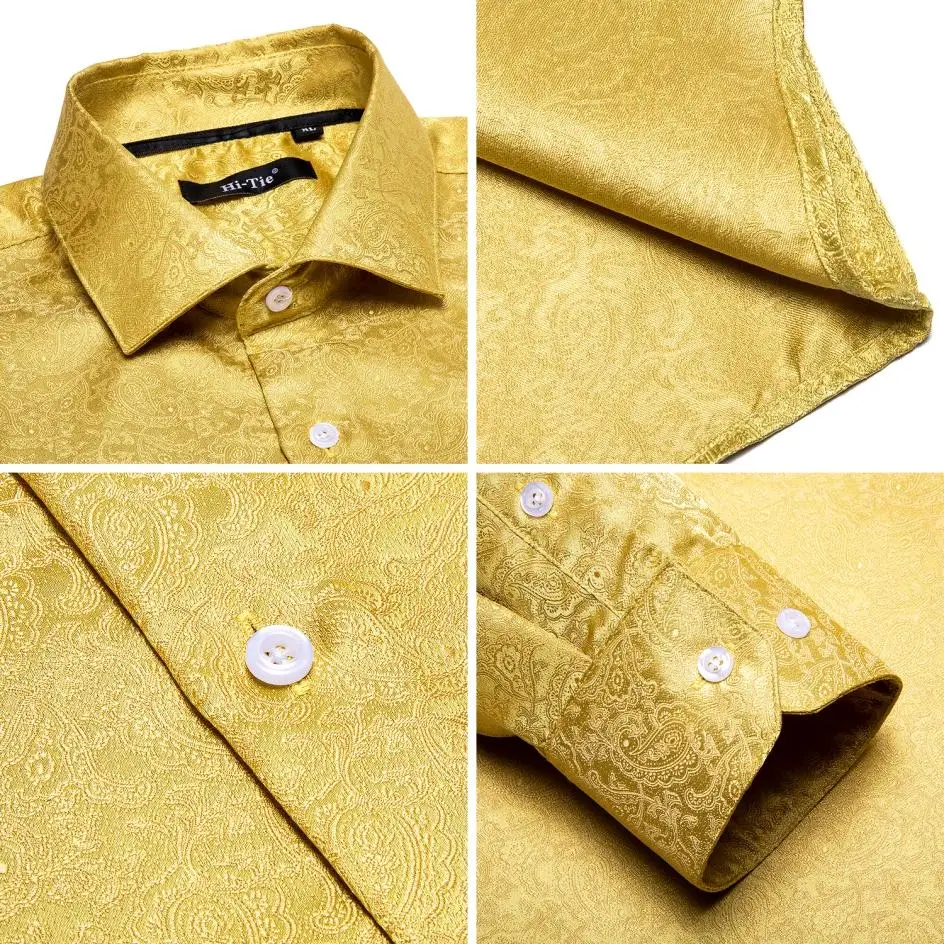 Hi-Tie Gold Black Mens Silk Shirt Paisley Floral Long Sleeve Casual Shirts For Men Jacquard Male Business Party Wedding Dress