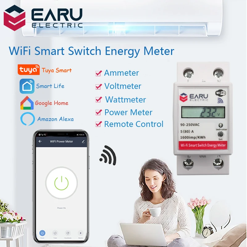 

WiFi Smart Power Energy Meter Consumption kWh Voltmeter 90-250V Din Rail Remote Control Switch Smart Life Tuya Alexa Google Home