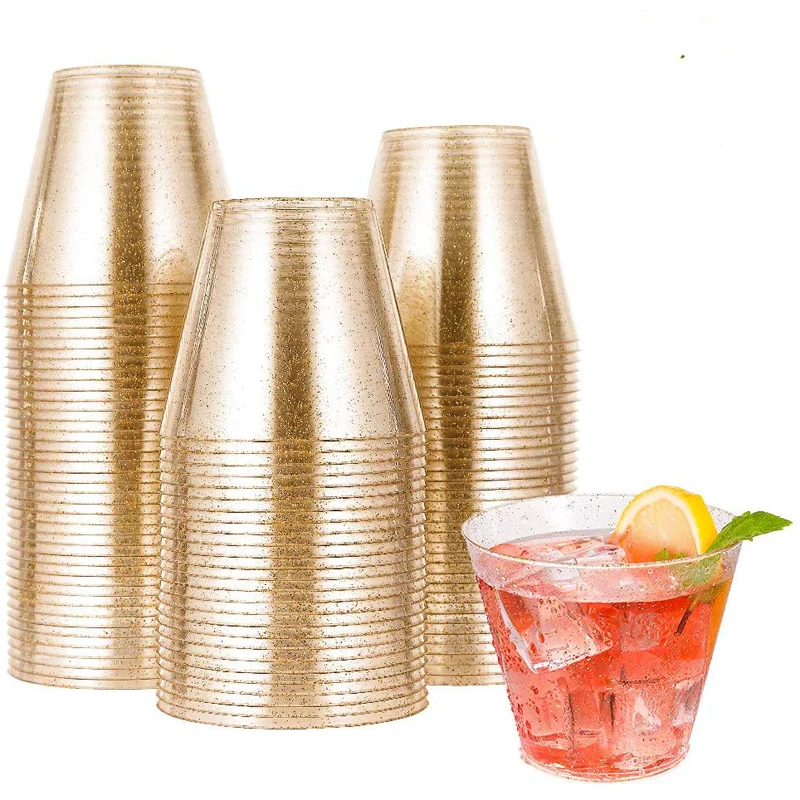 

9OZ Gold Glitter Plastic Cups,Disposable Clear Plastic Tumblers,Gold Premium Cups for Wedding,Thanksgiving,Party