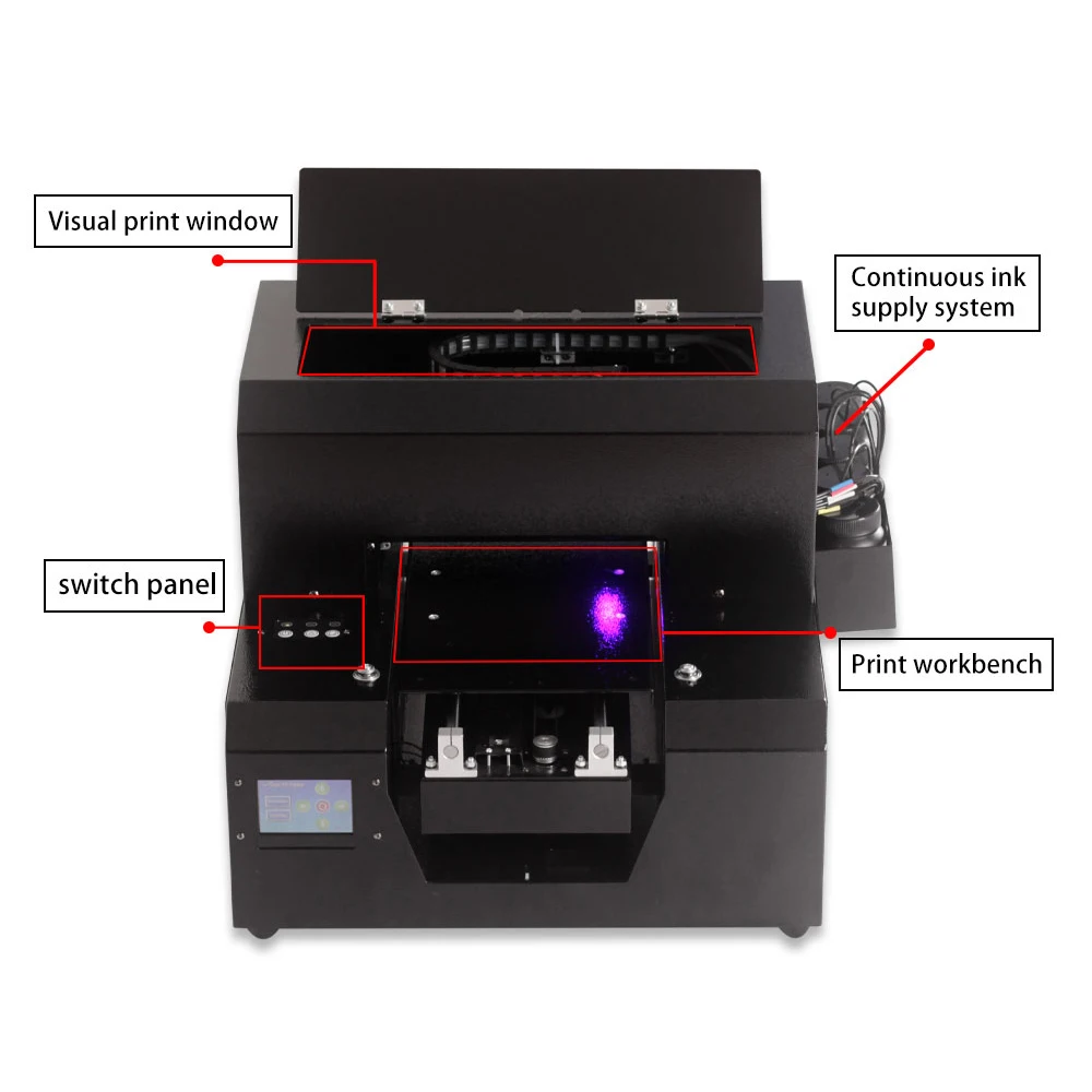 Automatic 6-color printing flat object UV printer A4 + size inkjet for silicone/leather/wood material pattern printing