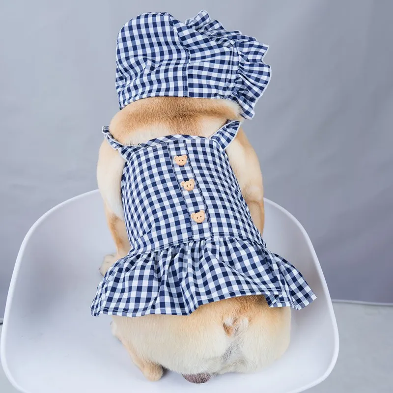 Dog Summer Dress Hat Set Pet Plaid Suit Wedding Dresses Bear Button Costume For Chihuahua Pug Yorkie Puppy Clothing Hot Sell