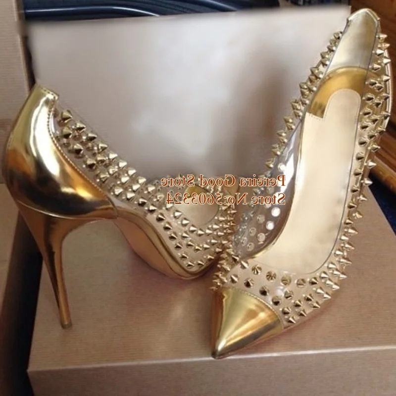 Luxury Pointy Toe Rivets PVC High Heel Pumps Gold Leather 12cm Stiletto Heel Dress Shoes Studded Shallow Wedding Party Shoes