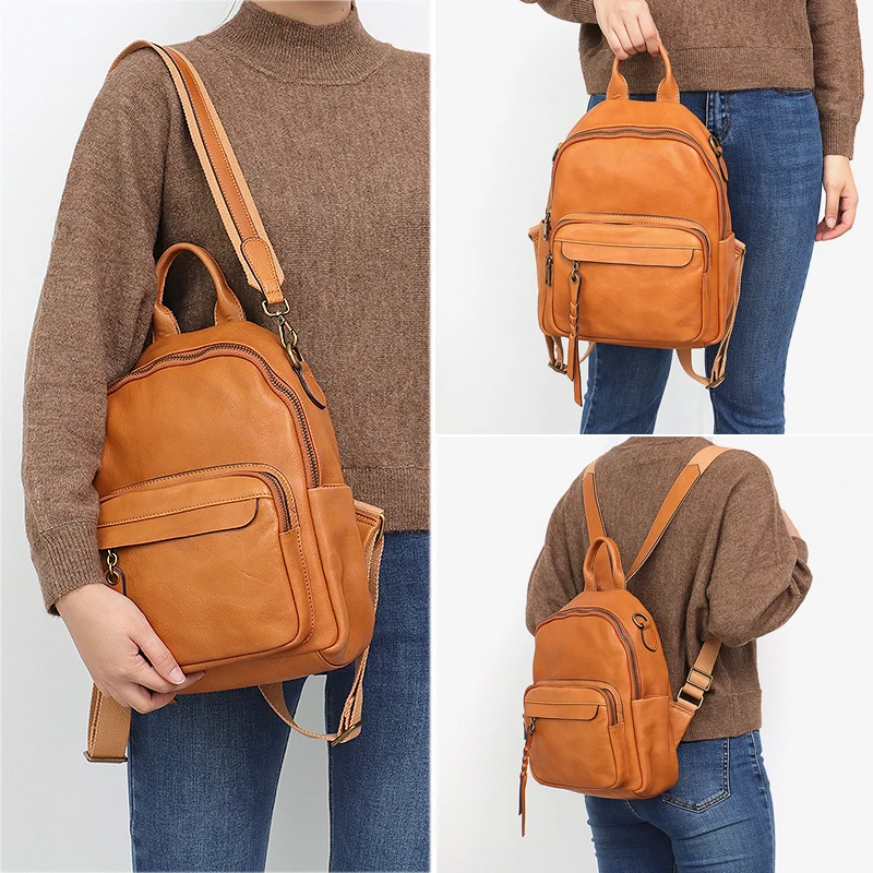 SC Vintage Italian Cow Leather Backpack Women Casual Retro Shoulder School Day Pack Bags Functional Zip Pocket Travel Knapsack