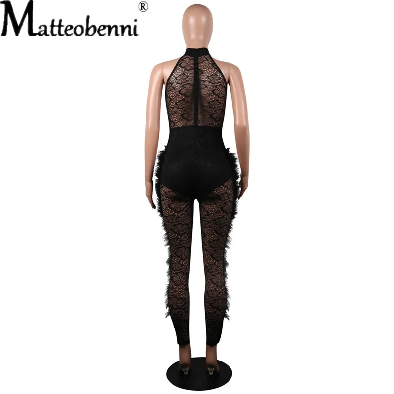 Mesh Patchwork Feathers Jumpsuit Women Sexy See Through Sleeveless O Neck Bodycon Women Jumpsuit Transparent Night Club Overalls