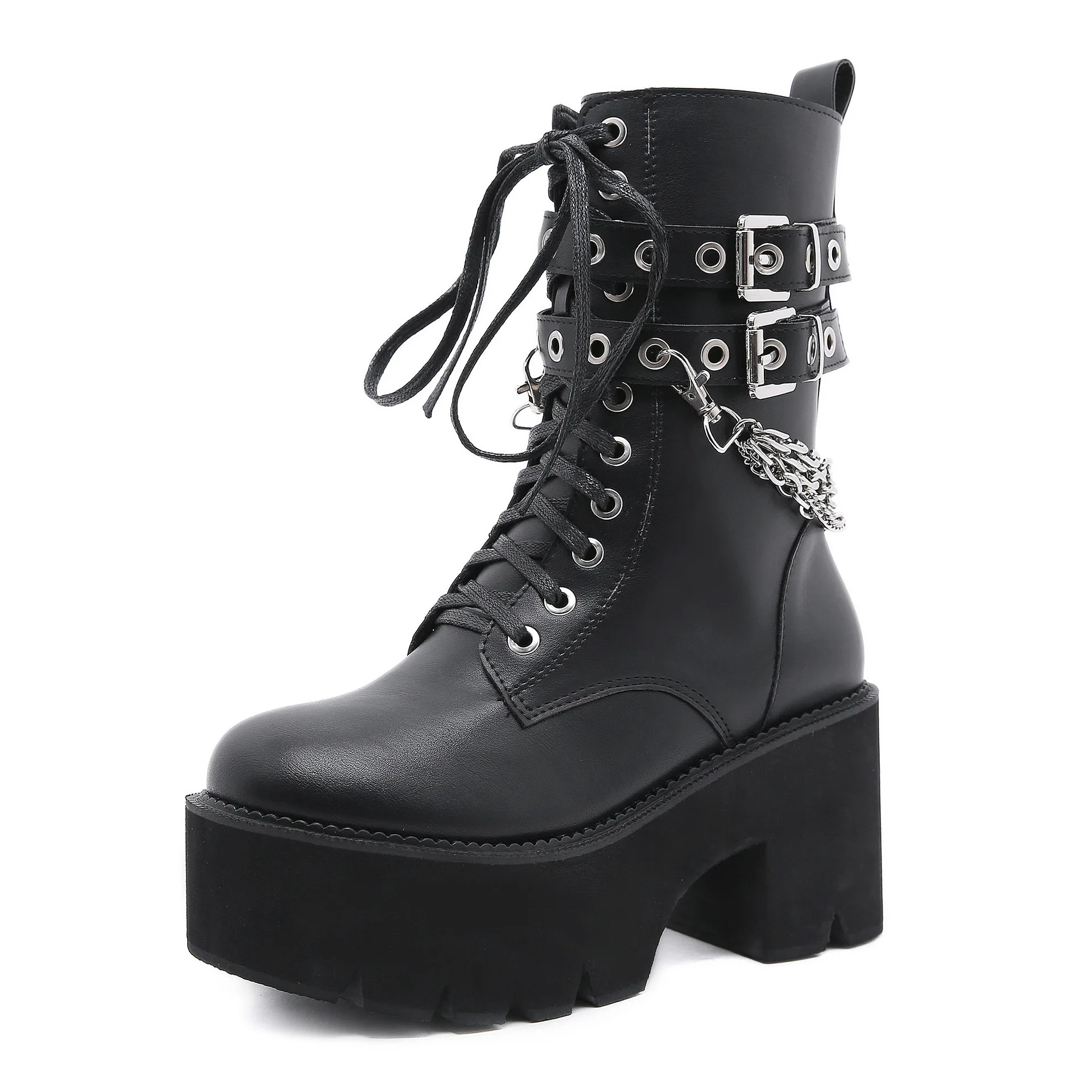 High Quality Leather Gothic Black Boots Women Heel Sexy Chain Chunky Heel Platform Boots Female Punk Style Ankle Boots Zipper