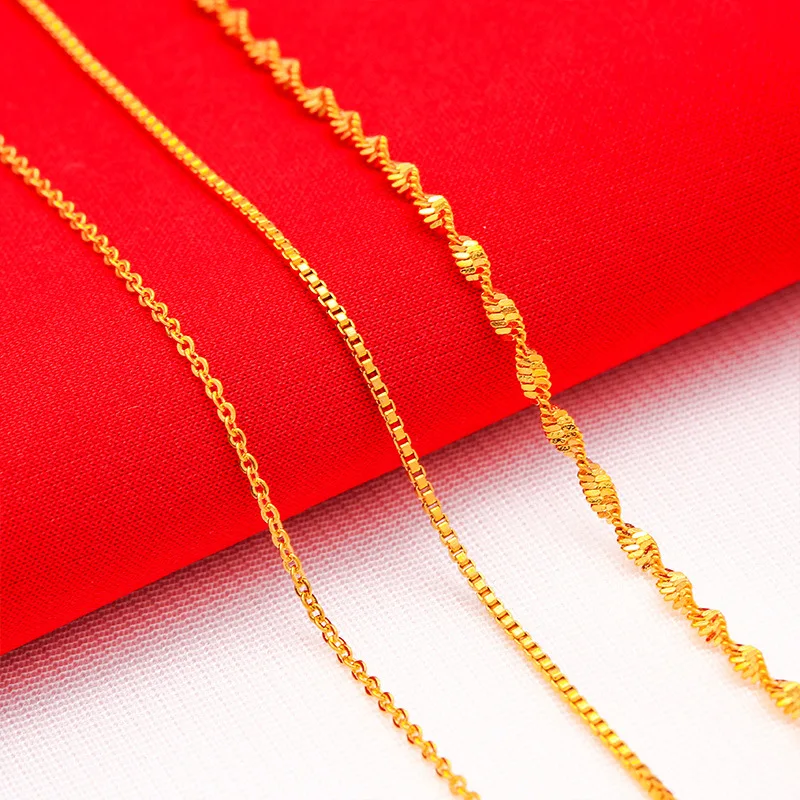 KISS&FLOWER 24KT Yellow Gold Necklace For Women Chain Box Wave Cross Chain Jewelry Accessories Wholesale Gift FreeShipping NK141