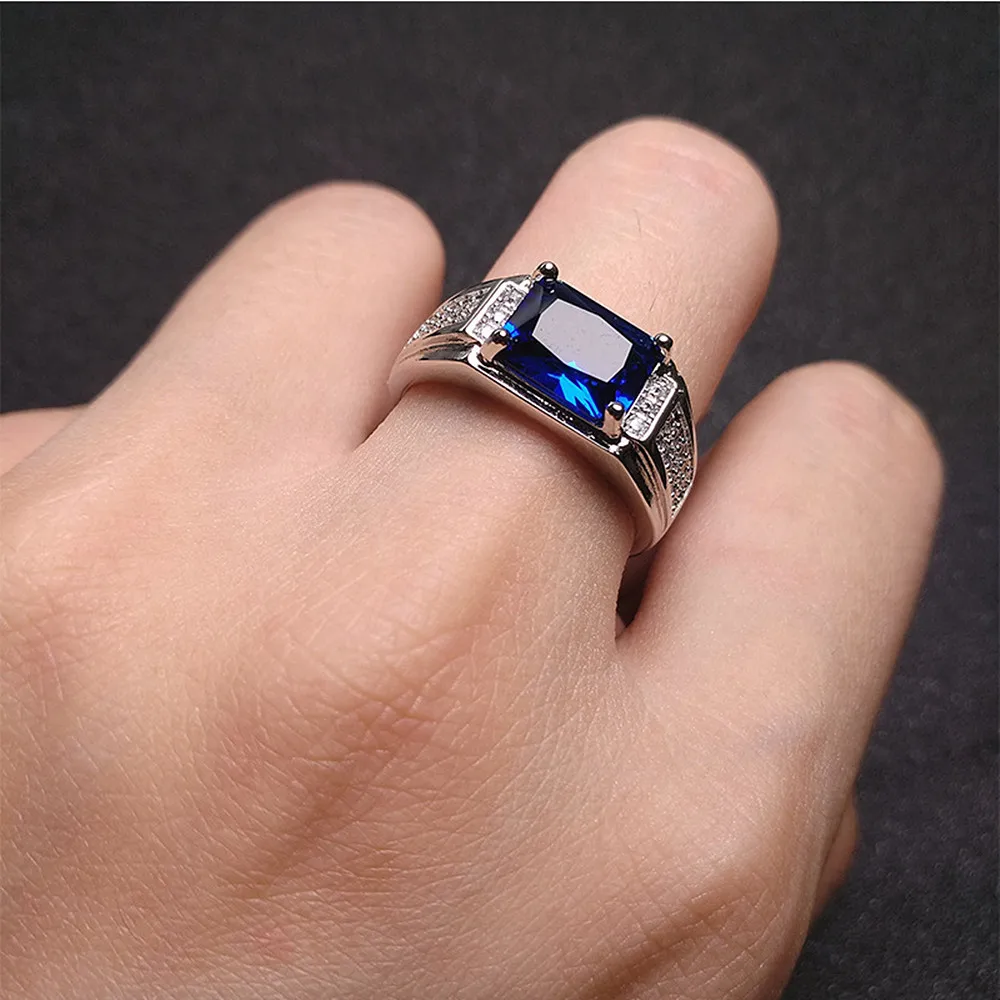 Blue Crystal Sapphire Topaz Gemstones Zircon Diamonds Rings for Men 18k White Gold Filled Jewelry Bague Trendy Bands Accessories