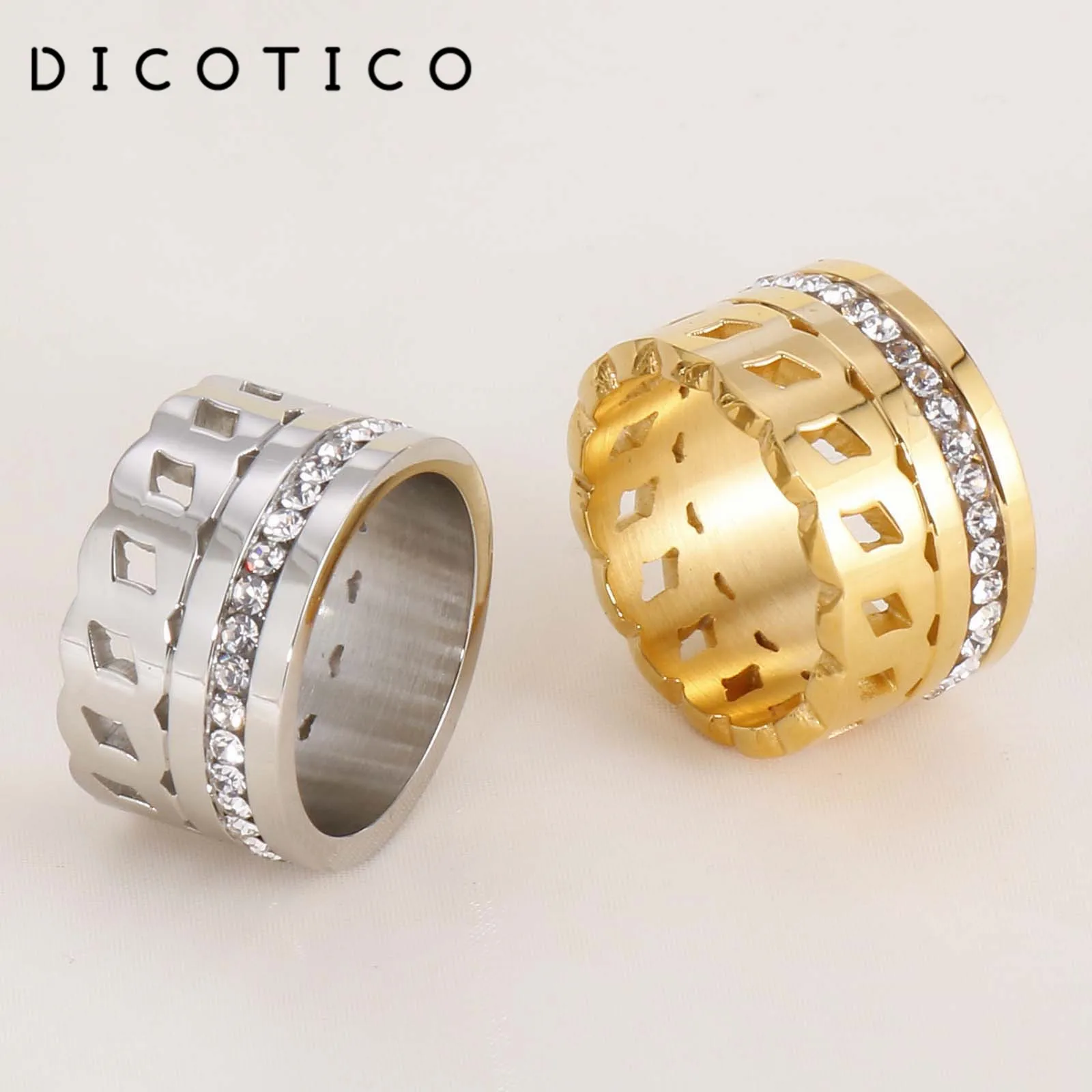 

Dicotico Gold Silver Color Hollow Stainless Steel Rings For Women Zircon Wedding Bands Rings Bague Jewelry