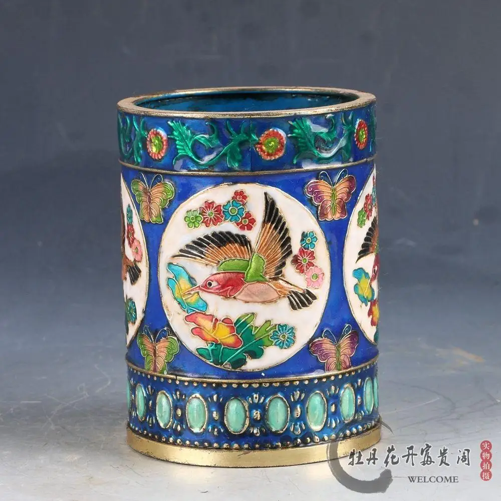 Antique Cloisonne Sparrow Pen Holder Decoration