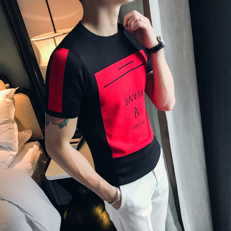 

Camiseta Masculina Man Round Neck Short Sleeve Knitting Slim Fit Streetwear Social Club Outfits Hit Color Letter T Shirt