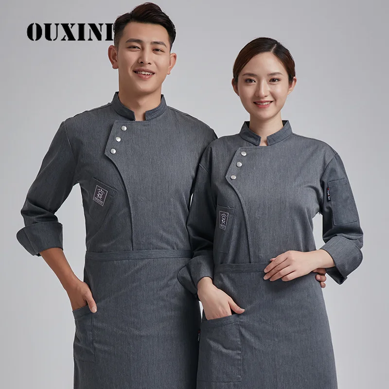 Roupas de cozinha para mulheres e homens restaurante cozinheiro inverno workwear chef uniforme cinza camisa oblíqua fivela alta qualidade chef casaco