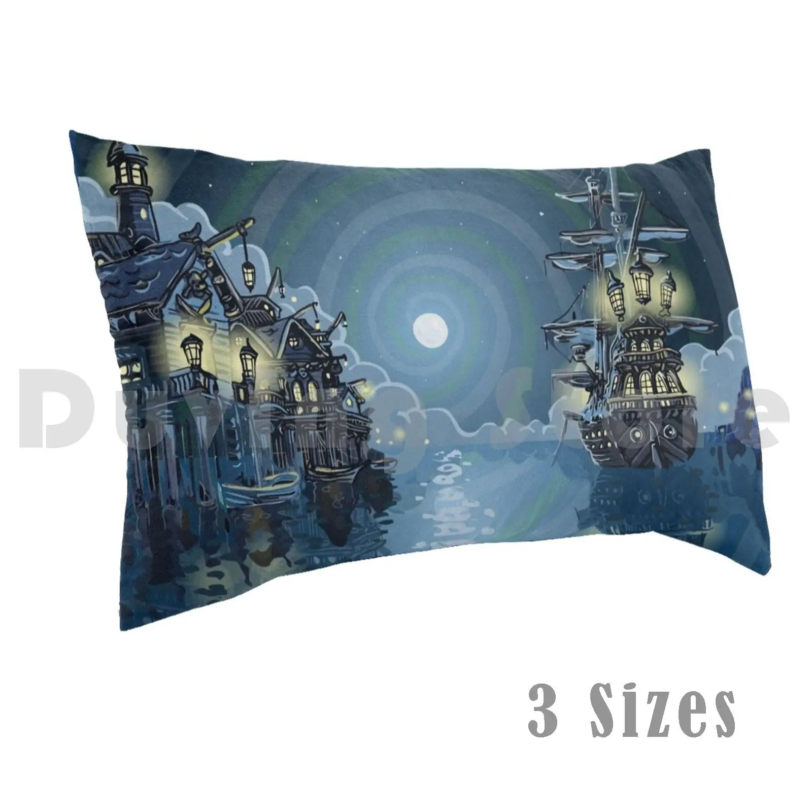 Pirates Bay Landscape FantasyPillow case Pirate Cove Bay Adventure Island Galleon Village Night Skull