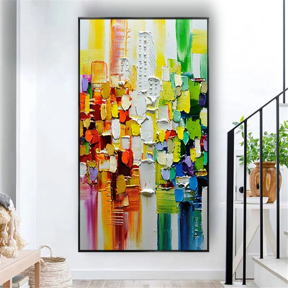 

100% Hand-Painted Bright Colorful 3d Thick Palette Knife Oil Painting For Living Room Color Block Wall Art Home Decor Artwork