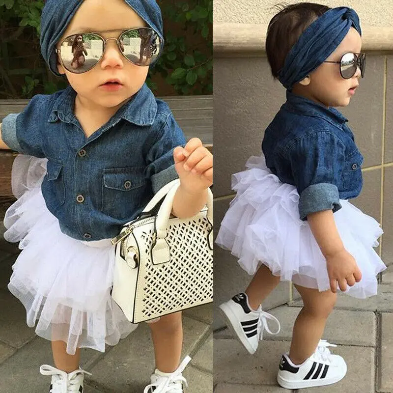 0-5T Girl Summer Clothes Sets Baby Girls Denim Shirt Top +Tutu Skirts+Headband Baby 3pcs Outfits Sets