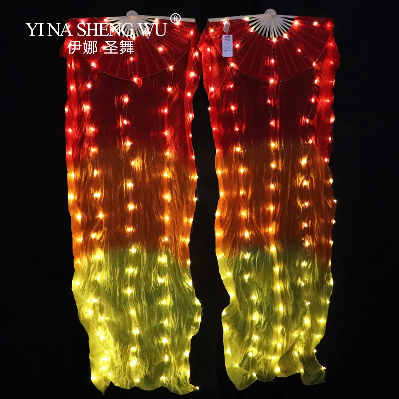 Abanicos largos LED de seda para danza del vientre, accesorios de rendimiento para danza china, arcoíris, 1 par con pilas, 100%