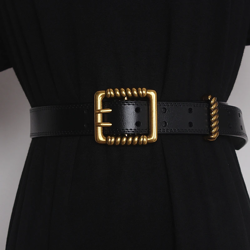 Women's Runway Fashion Gold Buckle Genuine Leather Cummerbunds Female Dress Corsets Waistband Belts Decoration Wide Belt TB1949