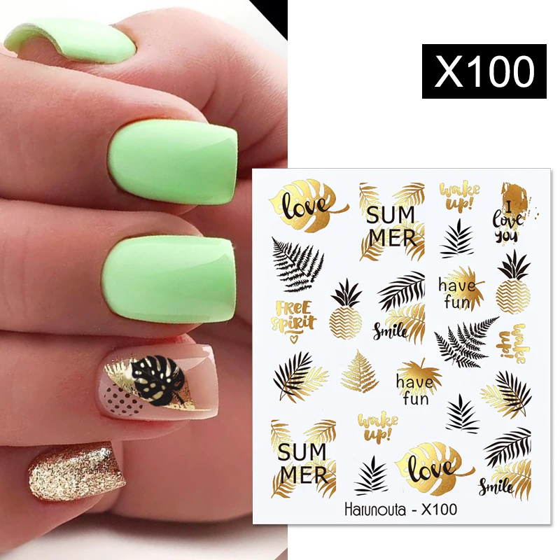 Harunouta Black Lines Flower Leaves Water Decals Stickers Floral Face Marble Pattern Slider For Nails Summer Nail Art Decoration