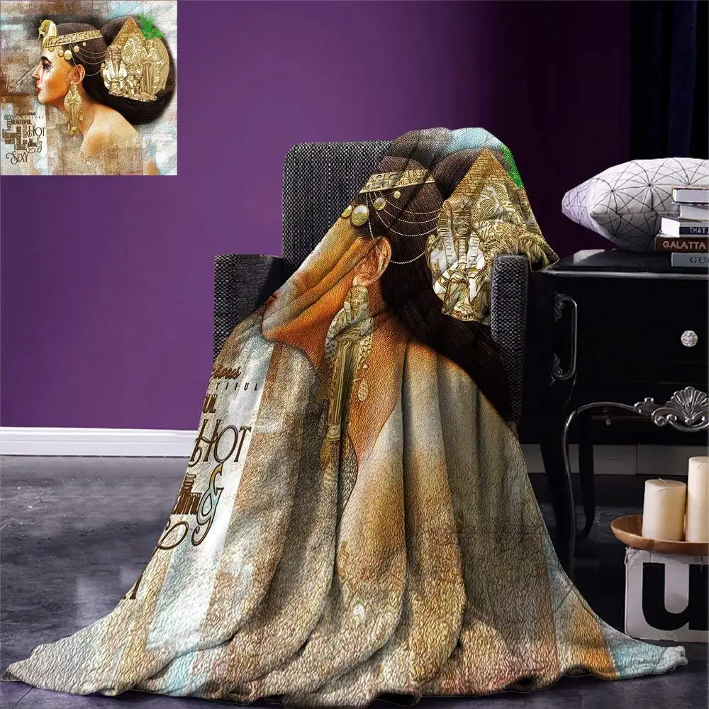 

Egyptian Throw Blanket Woman Queen Cleopatra Profile Historical Art Scene with Ancient Pyramid Sphinx Warm Microfiber Blanket