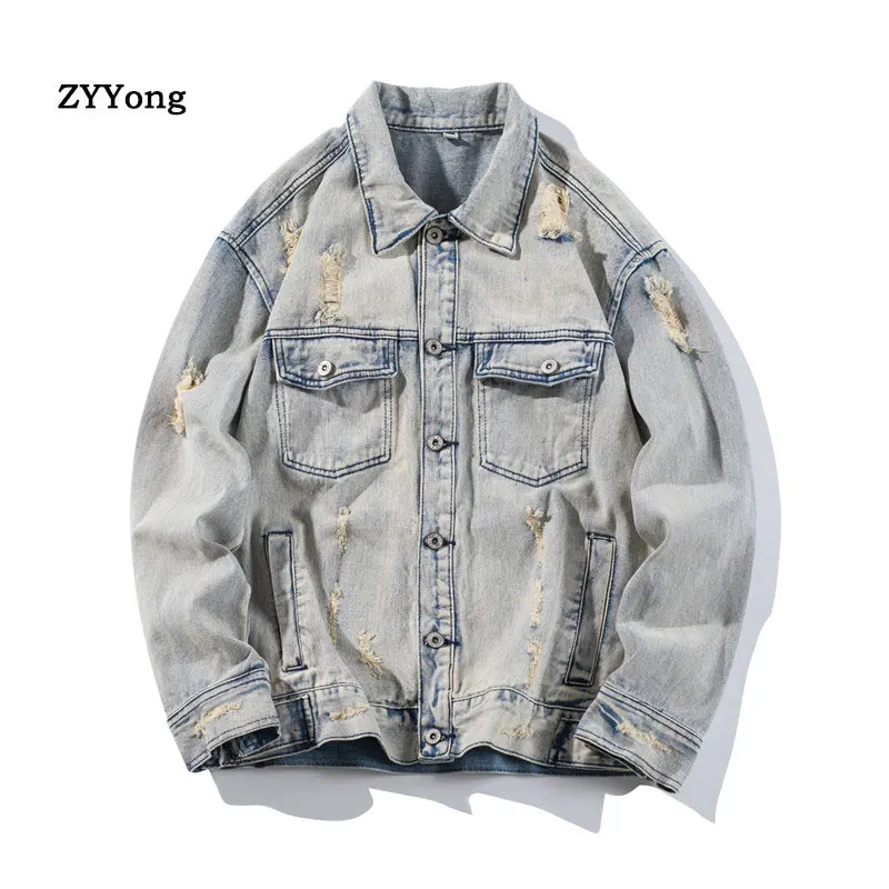 New Bomber Ripped Denim Jacket Men Hole Jean Coats Cotton Long Sleeve Retro Outdoors Loose Youth Cowboy Casual Nostalgia Clothes