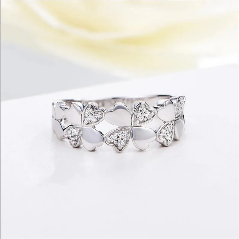 Trendy Silver 925 Sterling Rings Female Bridal Wedding Accessories Trendy Zircon Clover Ring For Women Jewelry Charm Girls Bijou