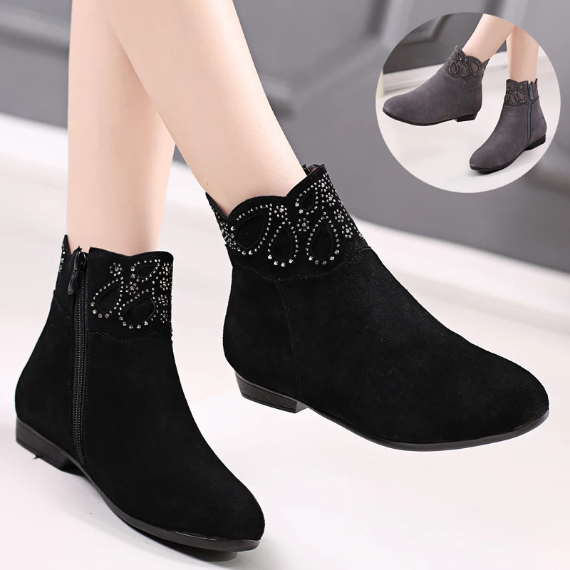 

New Genuine Leather Spring Autumn Women's Single Boots Short Boots Hollow Rhinestone Women's Boots Winter Cotton Boots
