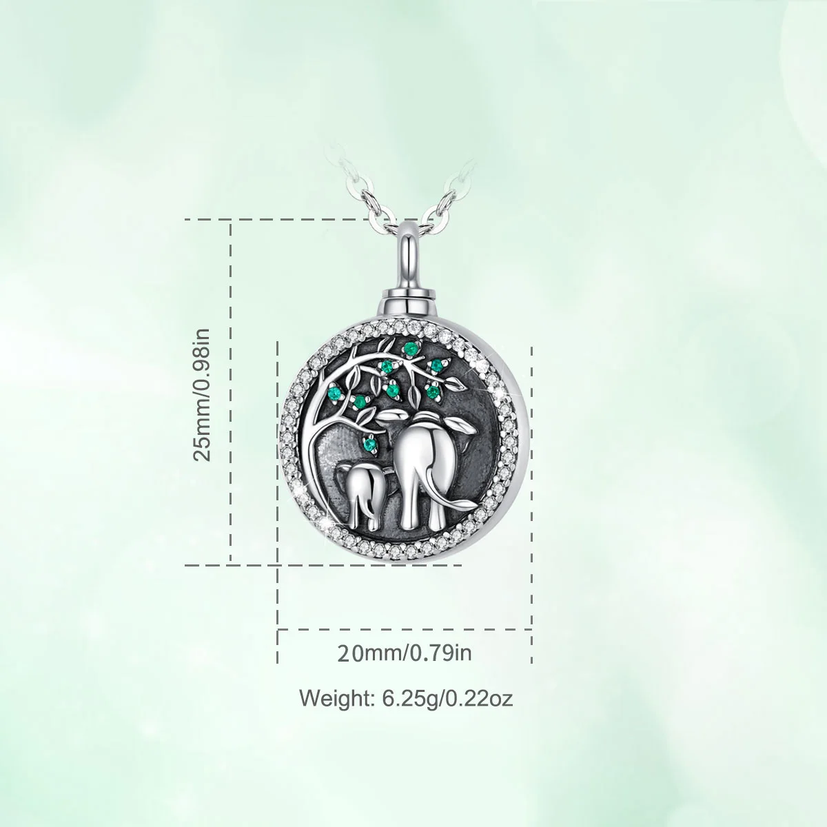 Eudora Sterling Silver elephant Tree of life Locket pendant cremation memorial ashes urn Crystal green birthstone necklace G17