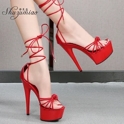 Shuzumiao Sexy Stripper Women Shoes Mule Woman Summer Sandals 2020 15cm High Heels Female Sandals Stiletto Cross Straps Red Shoe