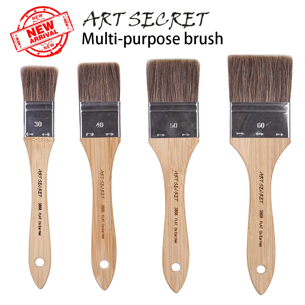 

Artsecret New Multi-Purpose 3868 Flat Wooden Handle Metal Ferrule Ox Ear Hair Watercolor Acrylic Color Artist Art Paint-Brush