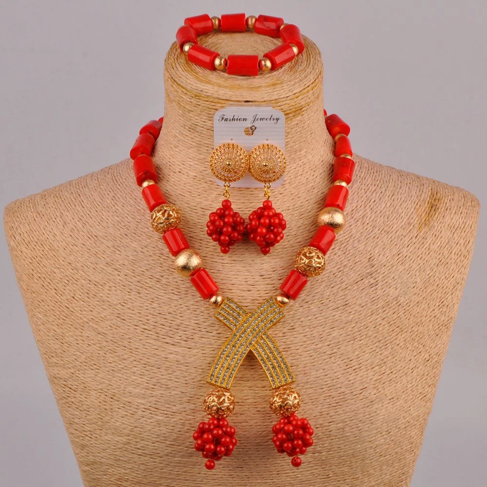 

Wedding Accessories African Wedding Party Dress Accessories Red Natural Coral Beads Jewelry Nigerian Bridal Necklace Set AU-238