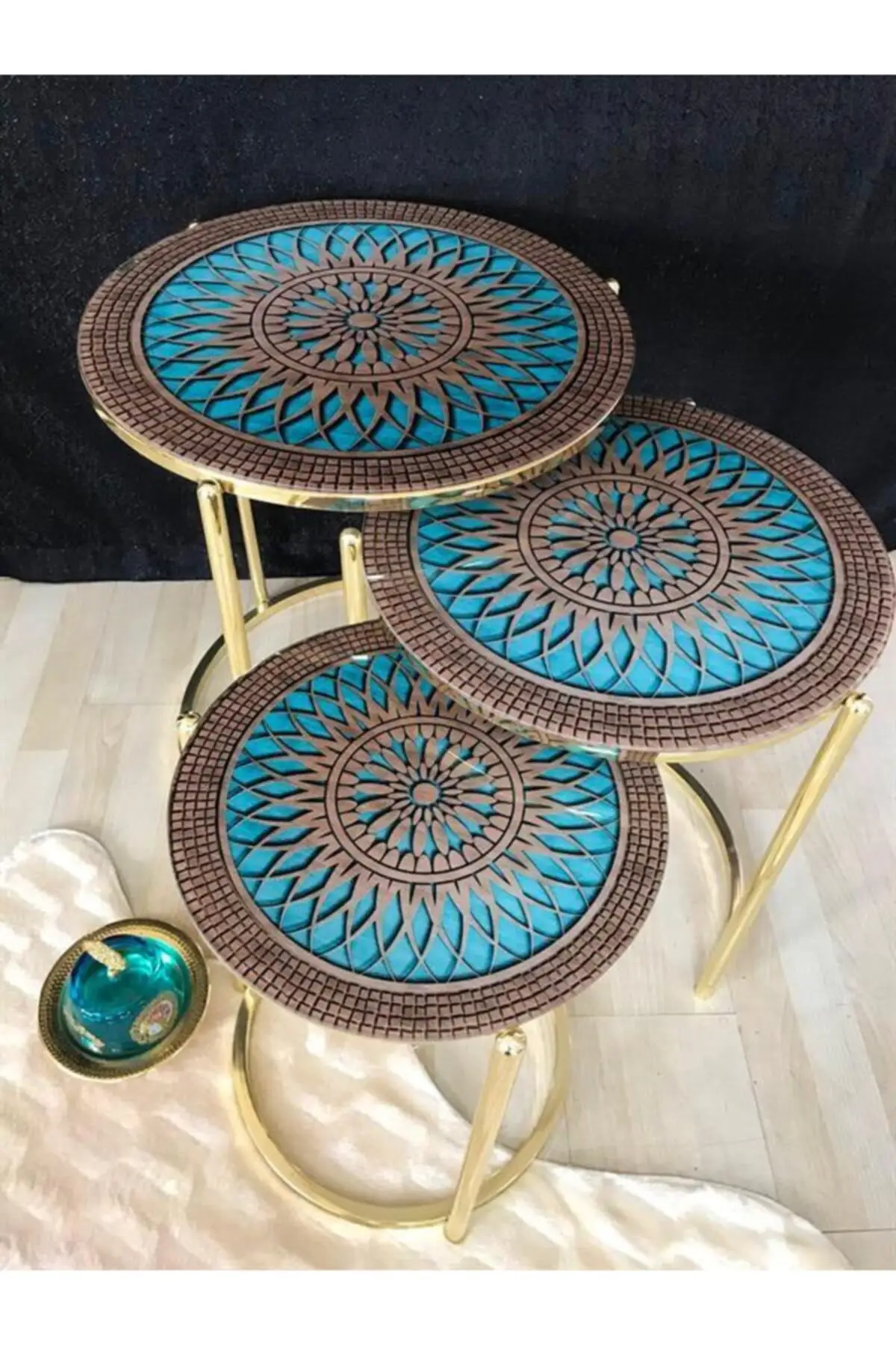 Lux 3 pcs Zigon Coffee Table Set (Gold Metal Toe Over Patterned Glass)