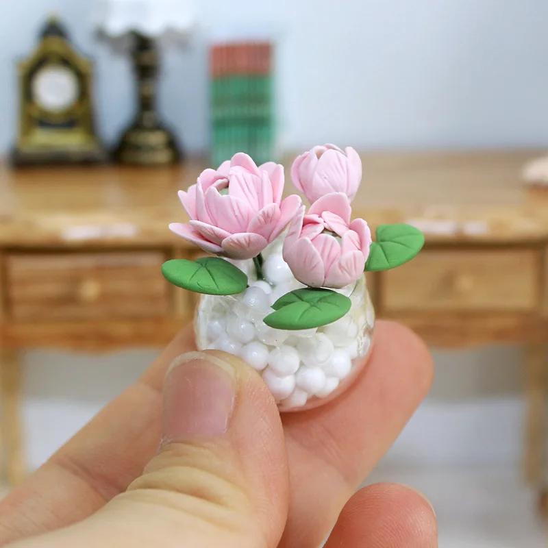 1:12 Dollhouse Miniature Simulation Hydroponic Glass Plant Potted Flowers Model Pink Flower