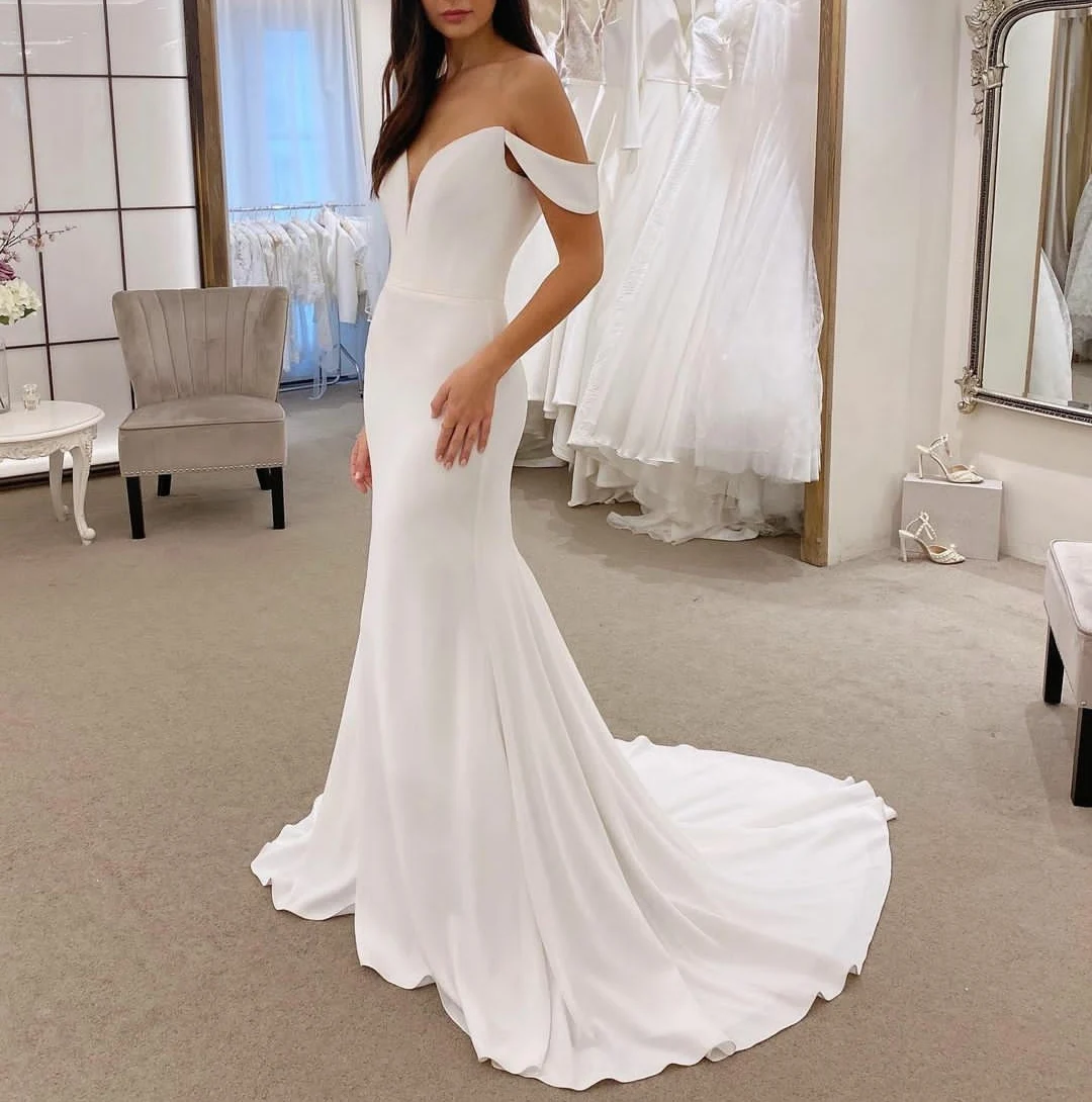 Robe De mariée sirène en Satin, épaules dénudées, boutons blancs au dos, élégante, 2021