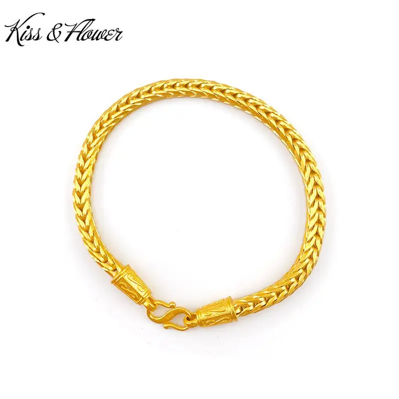 

KISS&FLOWER BR118 Fine Jewelry Wholesale Fashion Woman Man Birthday Wedding Gift Drgaon Bone 24KT Gold 5mm Wide Chain Bracelet