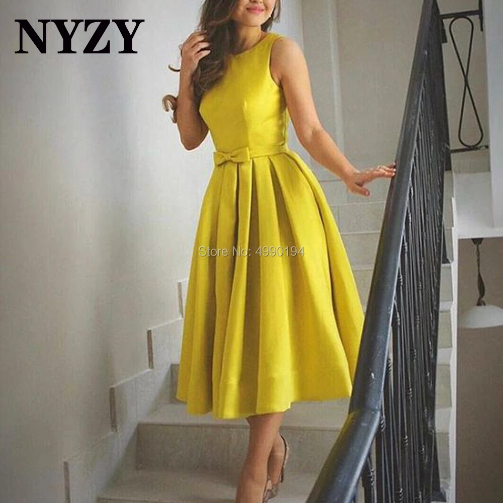 

NYZY C265 Yellow Cocktail Dresses 2020 Sleeves Tea Length Satin Formal Dress Party Homecoming vestido coctel