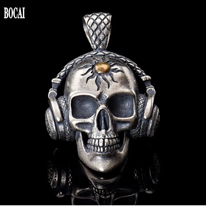 BOCAI New 100% Real Solid S925 Pure Silver Rock Jewelry Music Skull Headphones Skull Thai Man Pendant