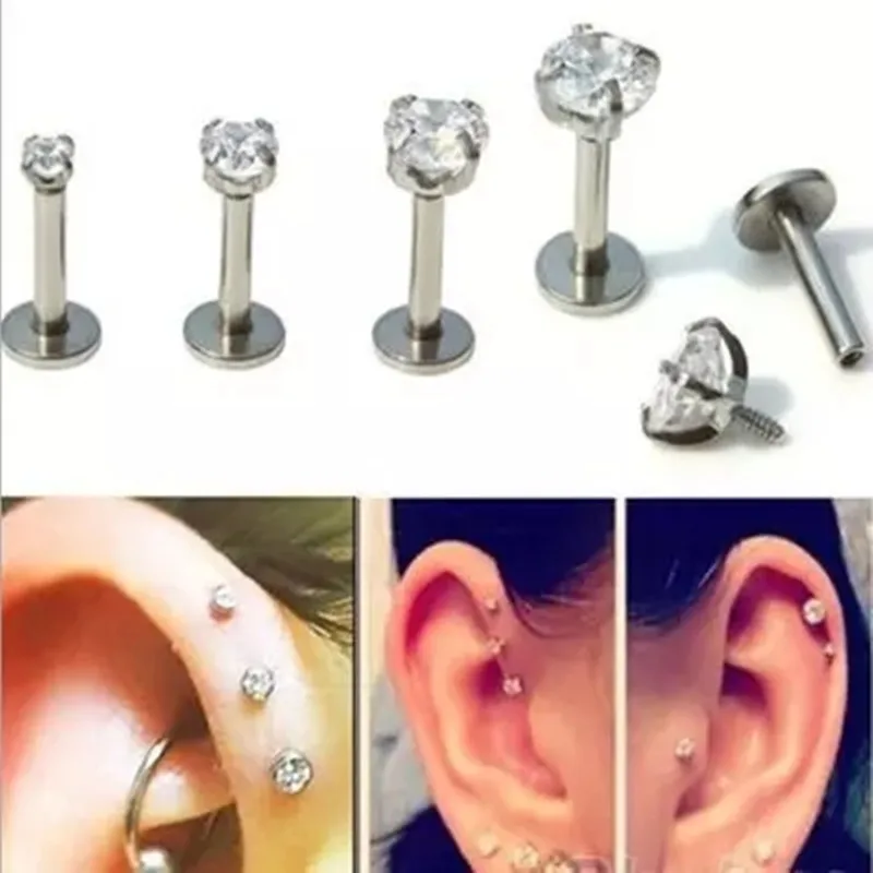 G23 Titanium Crystal Lip Stud Labret Ring Ear Tragus Helix Internally Threaded Zircon Body Piercing Jewelry Cartilage 16G 8mm