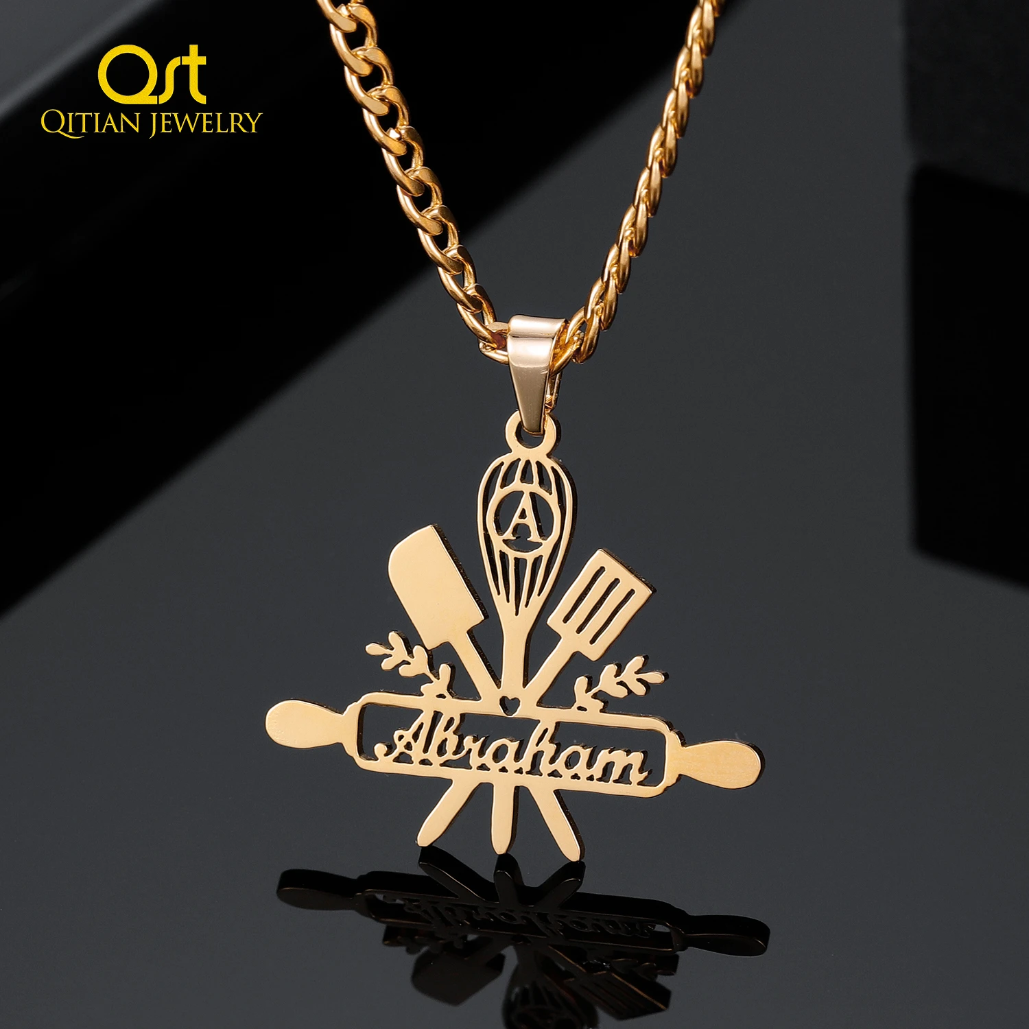 Personalized Cooking Name Pendant Necklace For Women Custom Letter Nameplate Chain Gold Stainless Steel Jewelry Men Gift