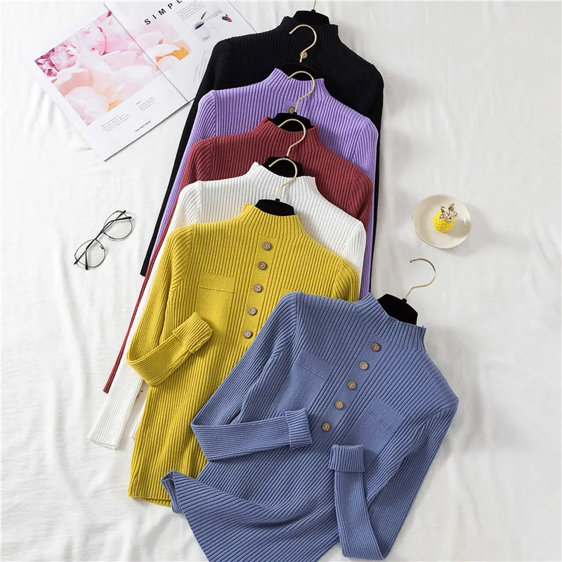 

High Elastic Solid Knitting Sweaters Women Long Sleeve Half Turtleneck Sweater Jumpers New Autumn Winter Buttons Pullover Tops