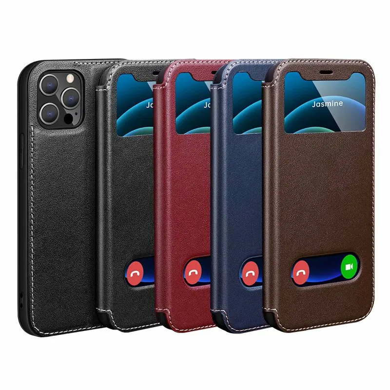 

Smart Dual Window View Magnetic Stand Flip Genuine Leather Case for iPhone 12 Mini Pro Max 11 X XR XS 6 6s 7 8 Plus SE 2020