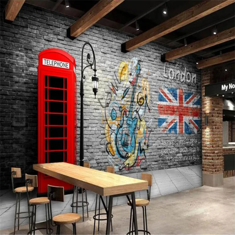 

Retro British Industrial Style Red Telephone Booth Brick Wallpaper 3D Cafe Restaurant Bar Decor Background Mural Wall Paper 3D