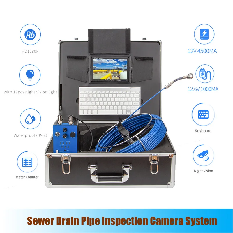 

7inch 20m Sewer Industrial Drain Pipe Inspection System DVR With Keyboard 25mm HD 1080P Endoscope Camera 12V4500mAh Battery