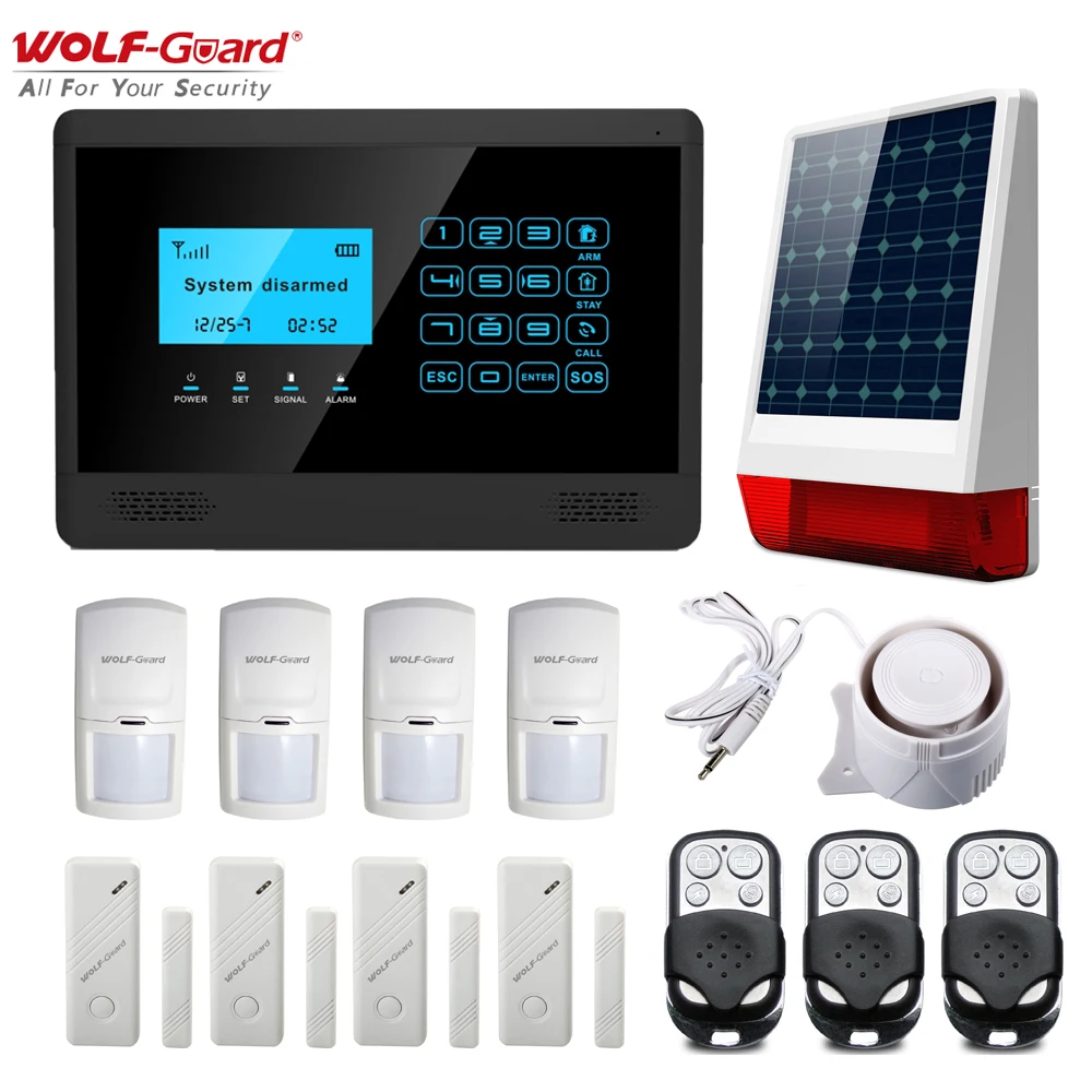 WOLF-Guard 4G Wireless LCD GSM Backlight Touch Keypad Home Alarm Security System w/ Solar Siren & PIR Detector & Remote Control
