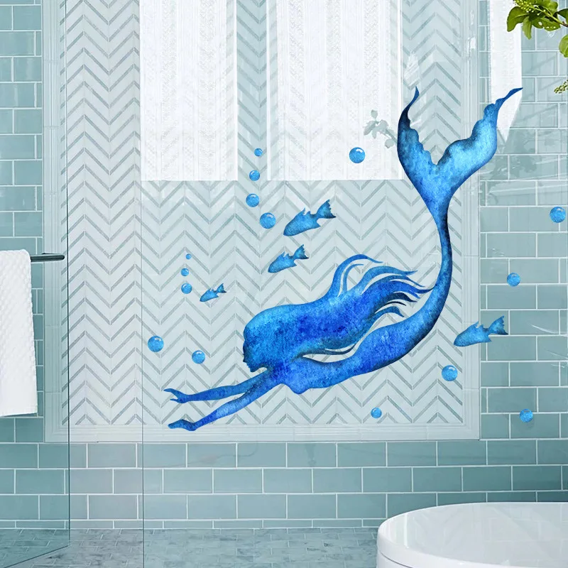 Blue Swimming Mermaid Wall Stickers Bathroom Glass Bedroom Glass Window Home Decoration Self-adhesive Sticker Beautify Wallpaper