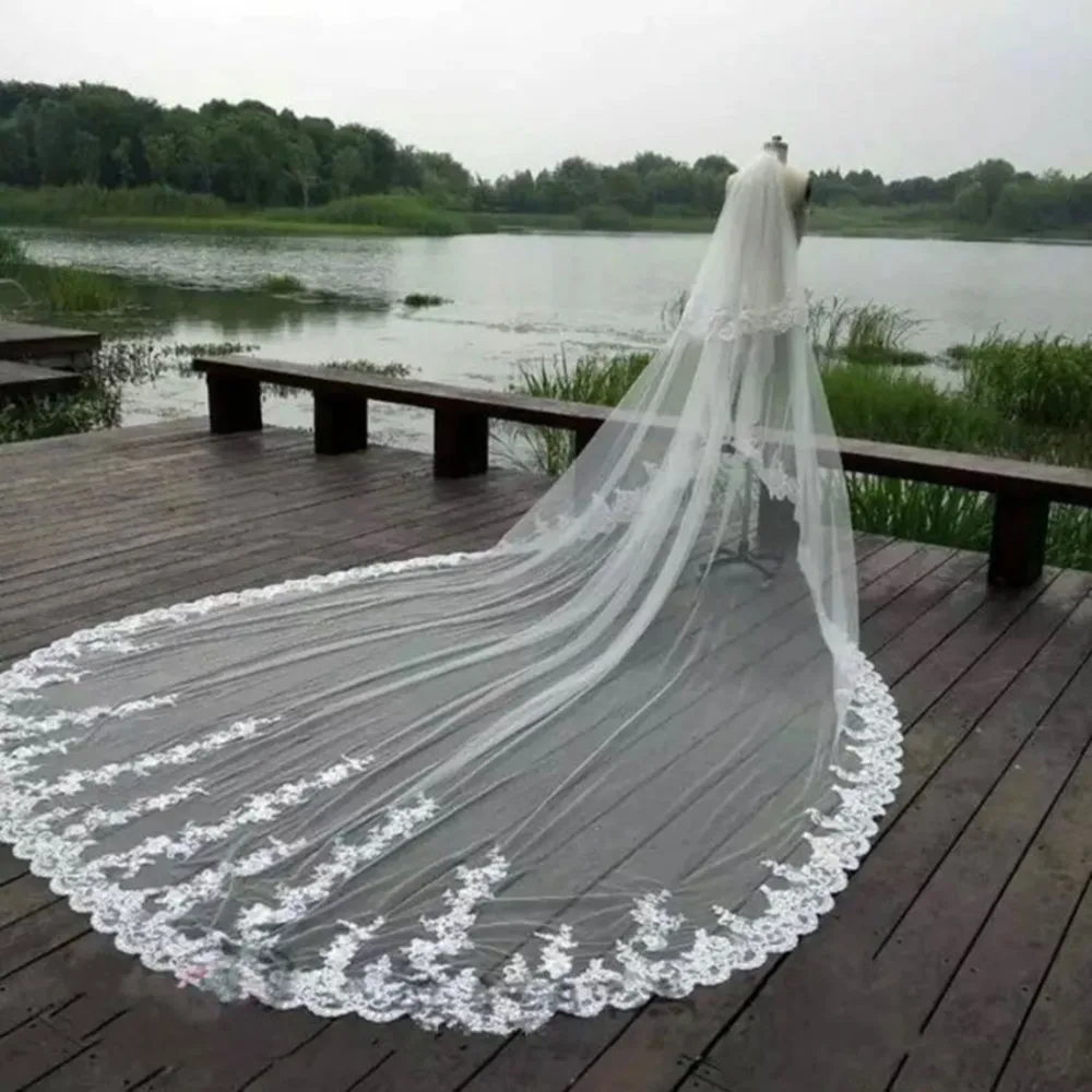 Velo De novia De encaje De borde completo, velo De tul De una capa con peine, accesorios De boda, color blanco marfil, 3M, 4M, 5M