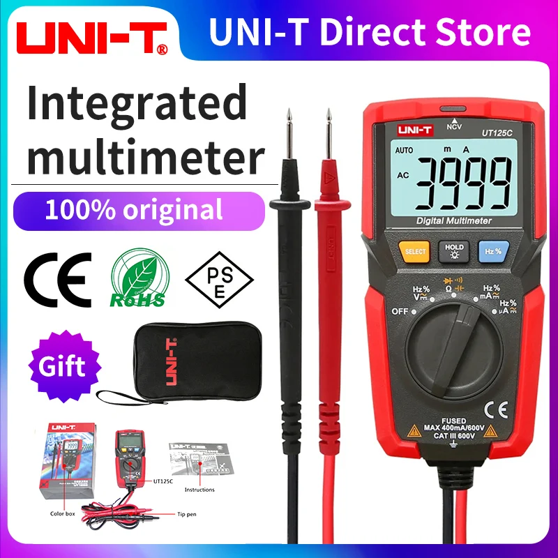 Uni-t Ut125c Mini Multímetro Digital de Bolso Testador de Temperatura Resistor Capacitor Diodo de Frequência Ncv Teste de Baixa Tensão